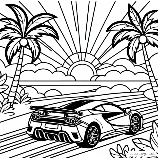Dessine et colore une Ferrari rouge vif sur une piste de course entourée de palmiers sous un ciel bleu éclatant.