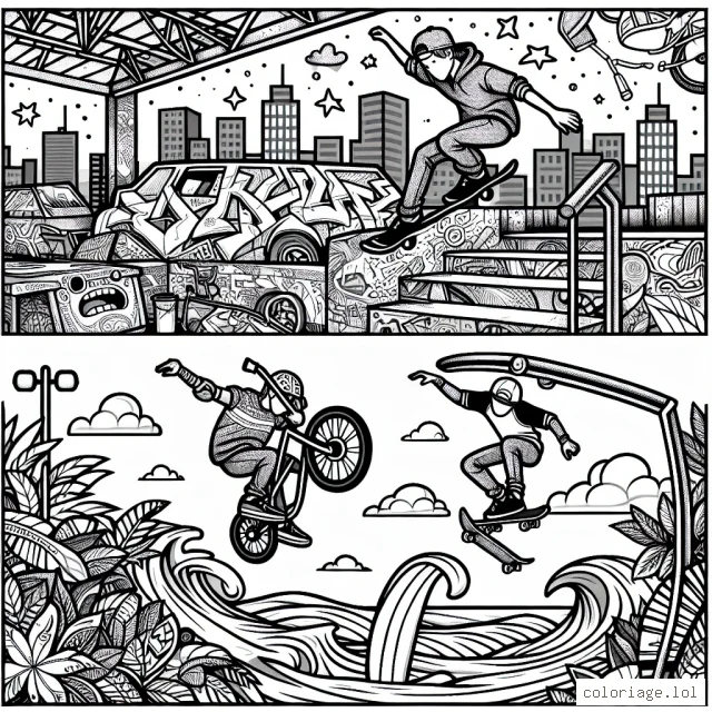 Dessine un skateur accomplissant une figure acrobatique spectaculaire dans un parc à skate urbain rempli de graffitis dynamiques, accompagné d'un BMXer aérien dans un saut périlleux et un surfeur chevauchant une vague massive.