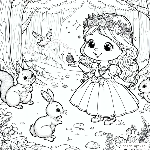 Dans un royaume féerique, une petite princesse tient un collier magique au milieu de la forêt enchantée. Elle est entourée d'animaux de la forêt très amicales : un lapin, un écureuil et un oiseau bleu.