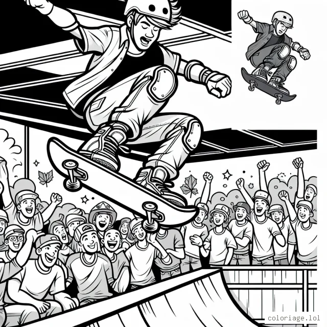 Dessinez un skateur professionnel lançant un audacieux saut de rampe dans un skatepark animé, avec des fans à l'arrière-plan portant des équipements de protection tels que des casques et des coudières.