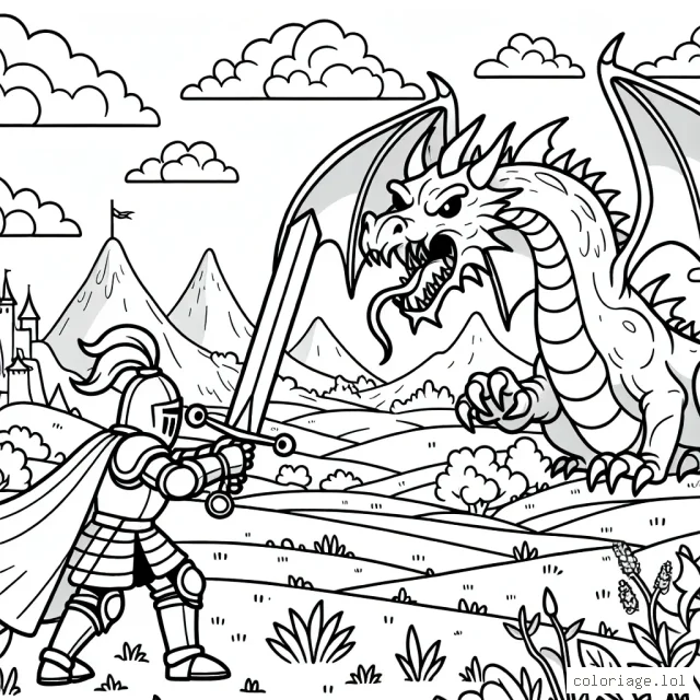 Un brave chevalier se prépare à défendre son royaume contre un terrible dragon cracheur de feu dans un paysage médiéval