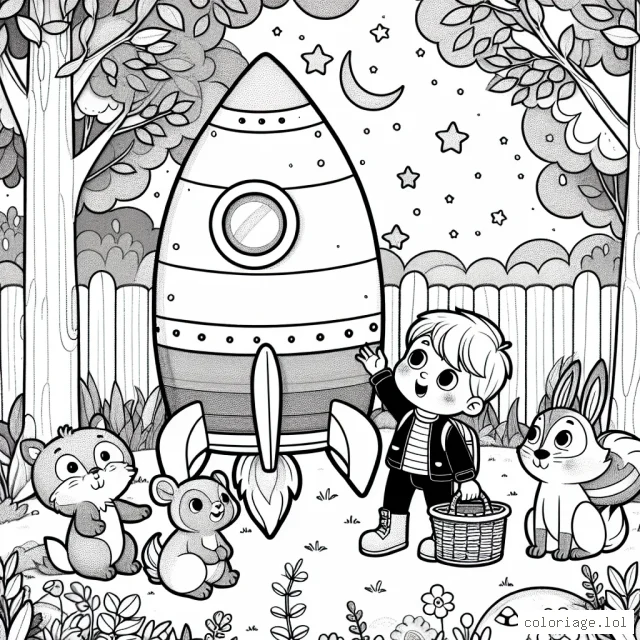 Un petit garçon joue avec une fusée spatiale grandeur nature dans son jardin, entouré d'animaux de la forêt qui le regardent avec émerveillement.