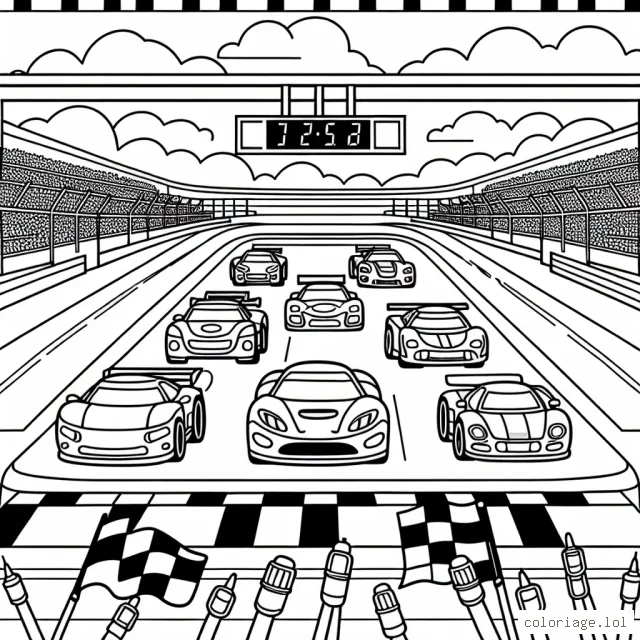 Un circuit de voitures de course animé et passionnant, avec différentes marques de voitures alignées sur la ligne de départ.