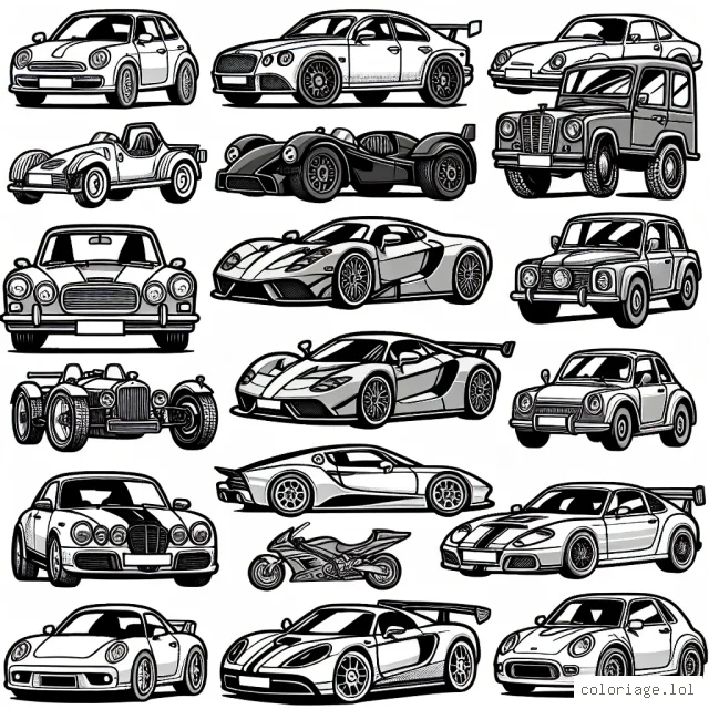 Voitures de diverses marques rassemblées pour une grande course automobile. Chaque voiture a son logo de marque clairement visible pour les colorier. On trouve parmi elles : une Fiat 500, une Bugatti Veyron, une Mercedes-Benz Classe S, une BMW i8, une Audi R8, une Porsche 911, une Jaguar E-Type, une Aston Martin DB5, une Mini Cooper et une Peugeot 208.