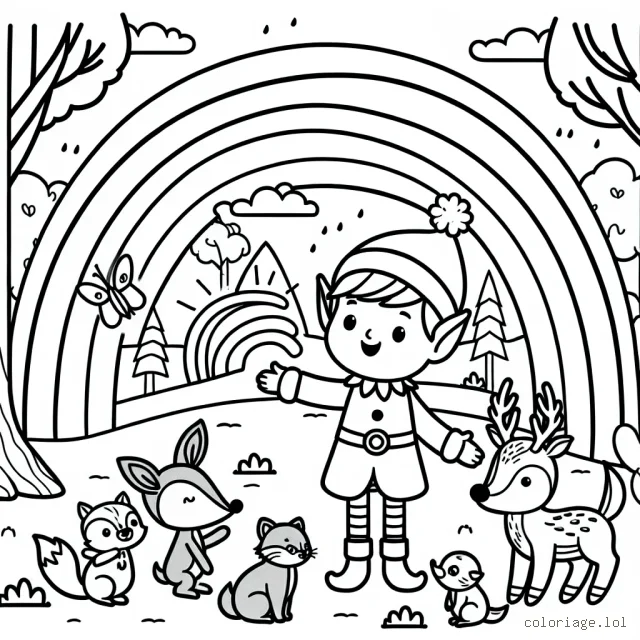 Un lutin facétieux joue avec ses amis les animaux de la forêt, sous un arc-en-ciel éclatant.