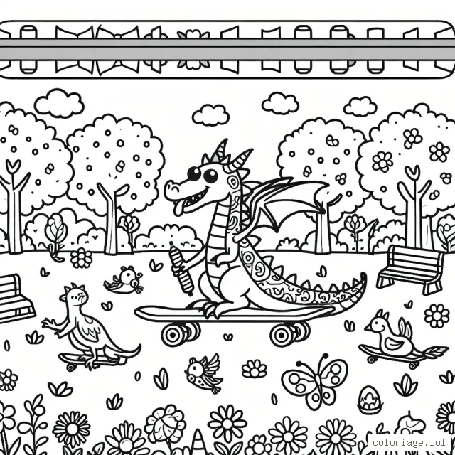 Un dragon qui fait du skateboard dans un parc rempli d'animaux et de fleurs