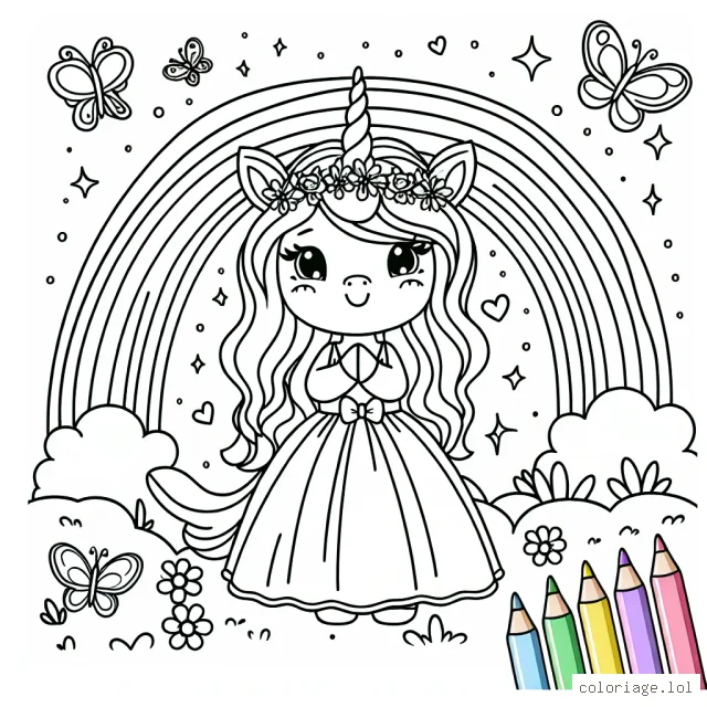 Dessine Mademoiselle Licorne sous un arc-en-ciel avec des papillons