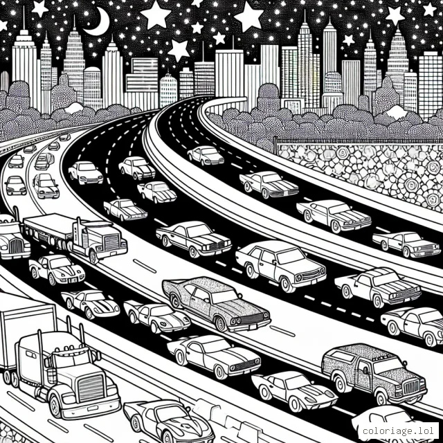 Un défilé coloré de voitures classiques, de voitures de sport et de camions sur une autoroute scintillante sous un ciel étoilé.