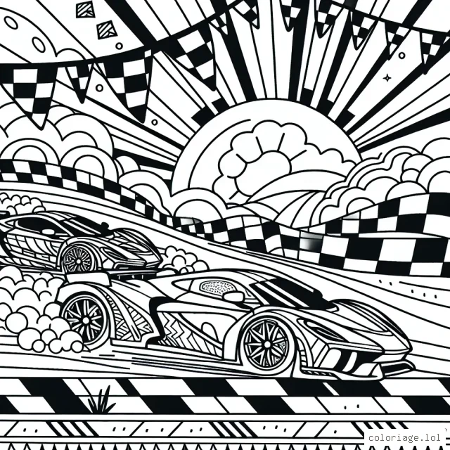 Dessine une course de voitures de sport flamboyantes aux lignes audacieuses s'affronter sur un circuit palpitant, sous un ciel éclatant.