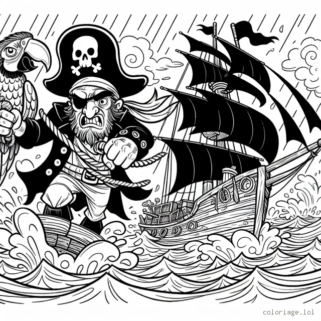 Un pirate intrépide et son perroquet féroce naviguant à travers les mers tumultueuses sur leur bateau effrayant à la recherche d'un trésor enfoui sur une île déserte.