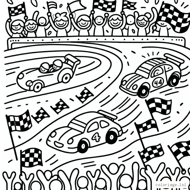Dessine une course de voitures haute en couleurs se déroulant sur un circuit bondé de spectateurs enthousiastes
