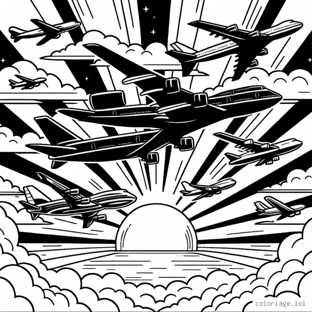 Imagine et dessine une scène aérienne énergique où différents types d'avions parcourent le ciel majestueux sur fond de coucher de soleil. Inclus des avions de chasse, des jumbo jets, des avions de ligne et même des dirigeables dans ton ciel !