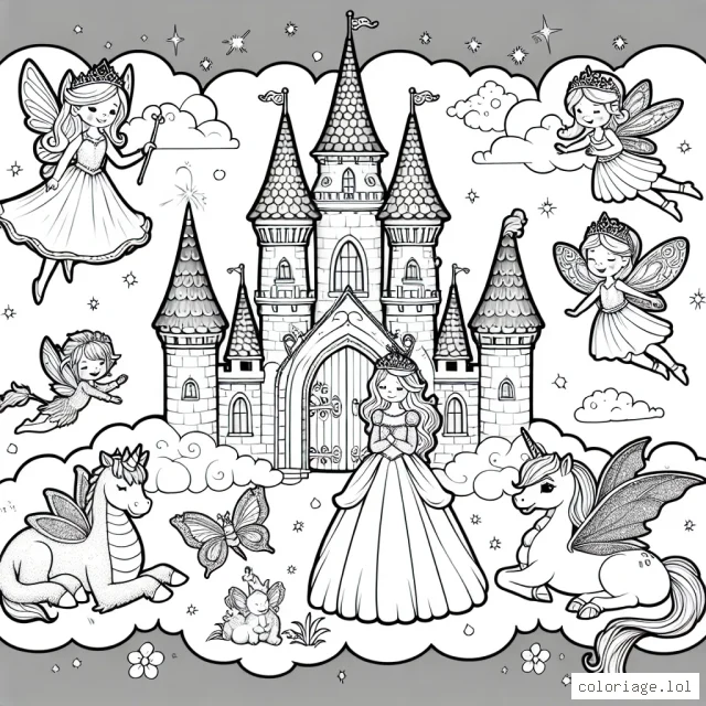 Un château enchanté dans les nuages avec une princesse, ses amies les fées et des animaux magiques