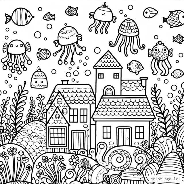 Un village sous-marin fantastique peuplé de créatures marines colorées