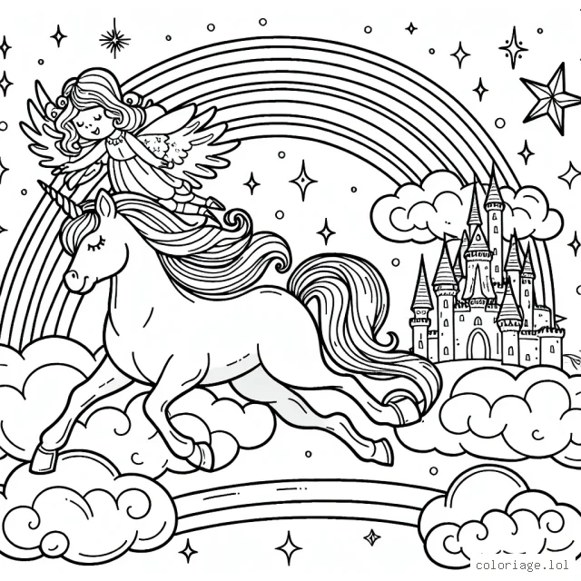 Un monde enchanté de licornes et de fées s'invite dans ton carnet à colorier. Imagine une belle licorne galopant sur un arc-en-ciel accompagnée de sa meilleure amie, la fée des étoiles. Qui sait, peut-être y a-t-il aussi un château étincelant caché derrière les nuages ?