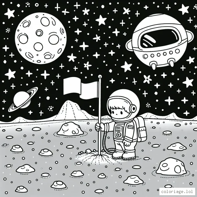 Un petit garçon, vêtu en astronaute, est en train de planter un drapeau sur la lune. L'espace est parsemé d'étoiles brillantes et de lointaines planètes. Il y a aussi une fusée spatiale qui vient de se poser, attendant que le petit astronaute retourne à son bord.