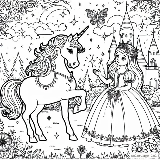 Dans ton jardin féerique, une belle princesse commune avec une licorne majestueuse. Montre-nous comment tu imagines cette scène magique !
