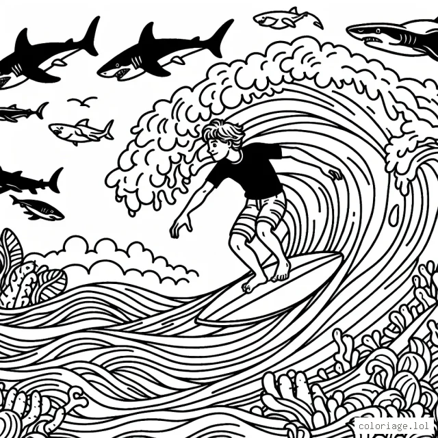 Surfeur adolescent courageux surfant sur une grosse vague au milieu de l'océan avec des requins qui nagent tout autour