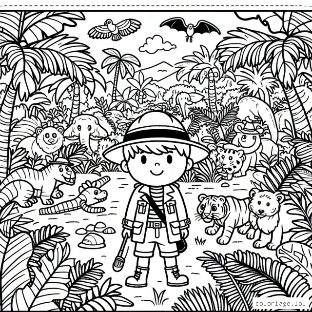 Un petit garçon avec un chapeau d'explorateur dans une jungle densément peuplée d'animaux sauvages et de plantes tropicales exotiques. Sur la page, il y aurait aussi une carte au trésor montrant le chemin à un trésor caché.