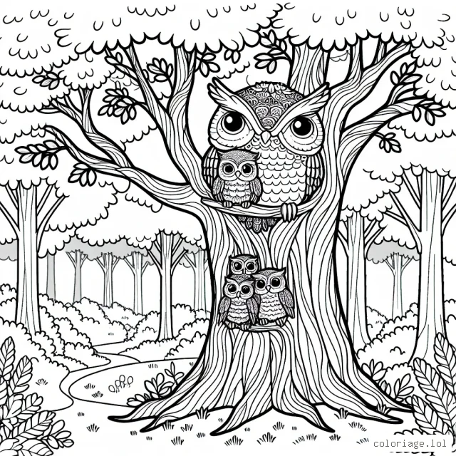Un grand chêne majestueux au milieu de la forêt avec une famille de hiboux vivant à l'intérieur de celui-ci