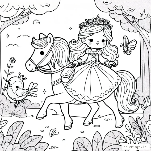 Imagine une petite princesse courageuse qui brave une forêt enchantée pour trouver une fleur magique. Elle chevauche un magnifique poney, et est accompagnée de son fidèle ami, un oiseau chantant.