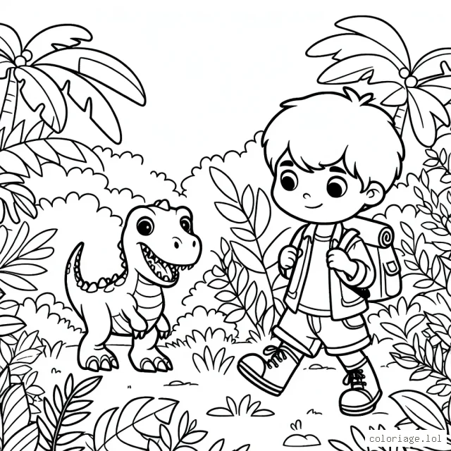 Un petit garçon courageux traverse la jungle avec son fidèle ami le dinosaure.