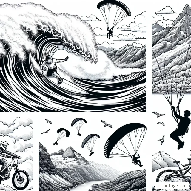Dans ce dessin à colorier, découvre une foule de sports extrêmes. Les surfeurs minuscules affrontent des vagues gigantesques, les parapentistes volent haut dans le ciel clair, les grimpeurs d'élite grimpent des montagnes escarpées, et les vététistes dévalent des pentes raides. Le tout, dans un paysage pittoresque.