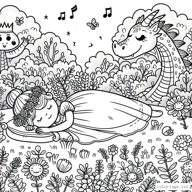Une princesse endormie dans une forêt fleurie, sous la surveillance de son fidèle dragon vert, entourée de petits animaux de la forêt