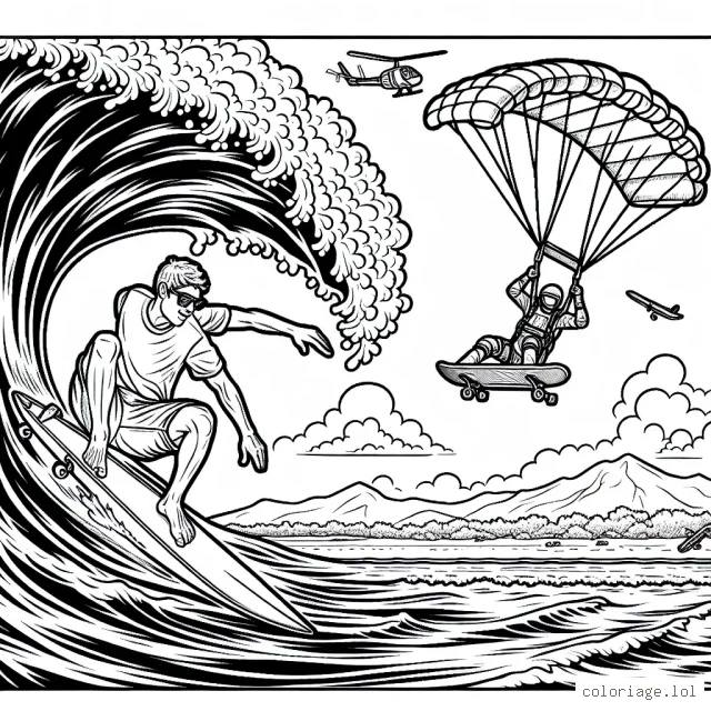 Dessiner un surfeur exécutant une manœuvre incroyable sur une vague gigantesque, tandis qu'un parachutiste descend dans le ciel en arrière-plan. Ajoutez également un skateur effectuant un saut impressionnant avec son skateboard dans le coin du dessin.