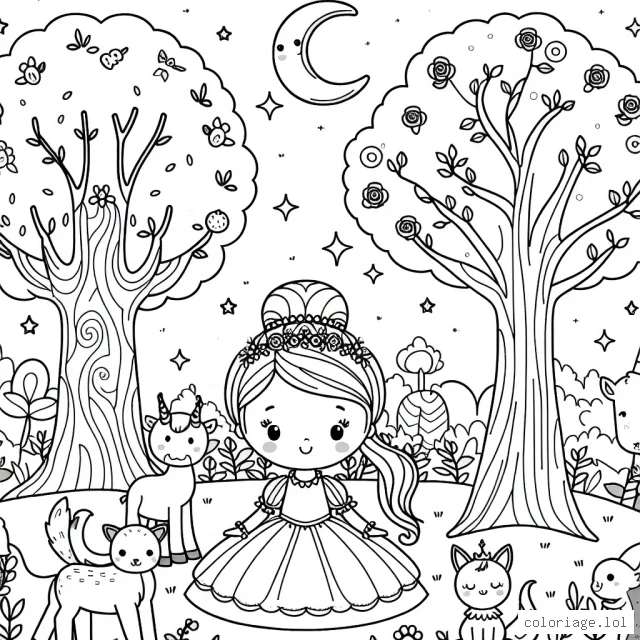 La princesse Lily dans son jardin enchanté entourée de ses amis les animaux magiques