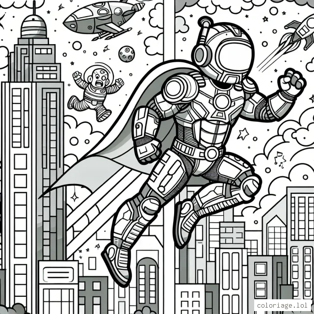 Un super-héros évoluant dans un univers futuriste équipé d'une armure de robot, volant au-dessus de la ville avec des gratte-ciel, combattant des extraterrestres maléfiques.