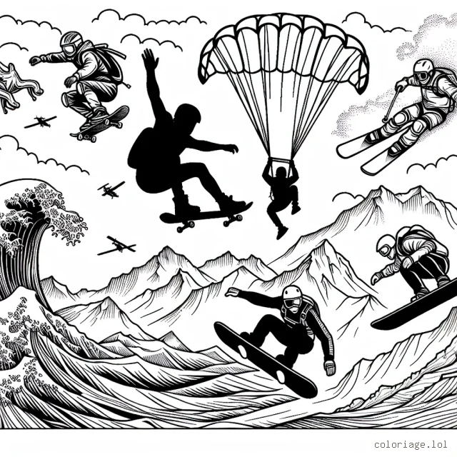 Sur ta page blanche, imagine et dessine des sportifs bravant les éléments et repoussant leurs limites dans différents sports extrêmes. Du skateboarder sautant sur des rampes, aux surfeurs chevauchant d'énormes vagues, en passant par le saut en parachute, l'escalade sur de vertigineuses montagnes et le snowboarder glissant sur des pentes enneigées.