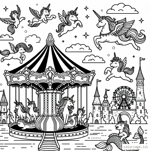 Un parc d'attractions magique rempli de licornes volantes, de dragons amicaux et de sirènes jouant à cache-cache
