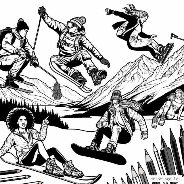 Il s'agit d'une scène d'action à hautes sensations illustrant un groupe d'amis pratiquant divers sports extrêmes dans un paysage époustouflant.