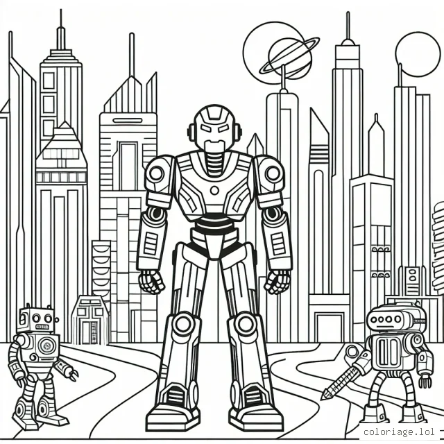 Imagine une scène futuriste avec de super robots dans une ville aux immeubles très hauts.