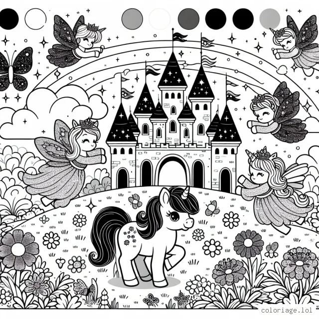 Dessine un royaume enchanté, rempli de petites fées chatoyantes qui volent au dessus d'un château resplendissant, et d'un poney arc-en-ciel qui broute paisiblement sur un terrain riche en magnifiques fleurs et papillons.