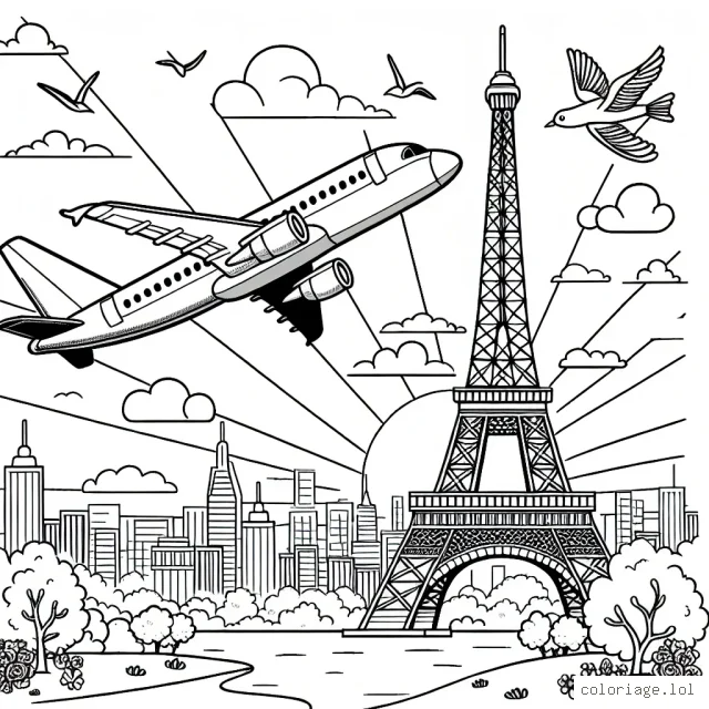 Dessine un avion fier et moderne survolant la Tour Eiffel avec un magnifique coucher de soleil en arrière-plan. N'oublie pas d'ajouter des oiseaux voletant librement dans le ciel et des nuages flottants dans le ciel. Pour rendre le paysage encore plus spectaculaire, dessine également quelques gratte-ciel à l'horizon.