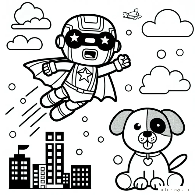 Un gentil robot super-héros volant au dessus de la ville avec son ami chiot