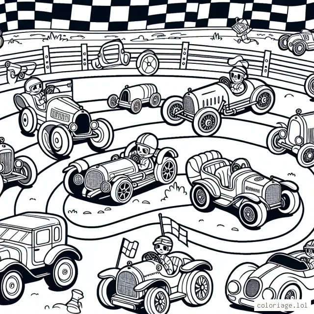 Un circuit de course animé avec une variété de voitures colorées se préparant pour la grande course. Chaque voiture a sa propre personnalité, représentée par des traits distinctifs et des couleurs lumineuses. Les contours sont bien définis, ce qui facilite le coloriage pour les enfants.