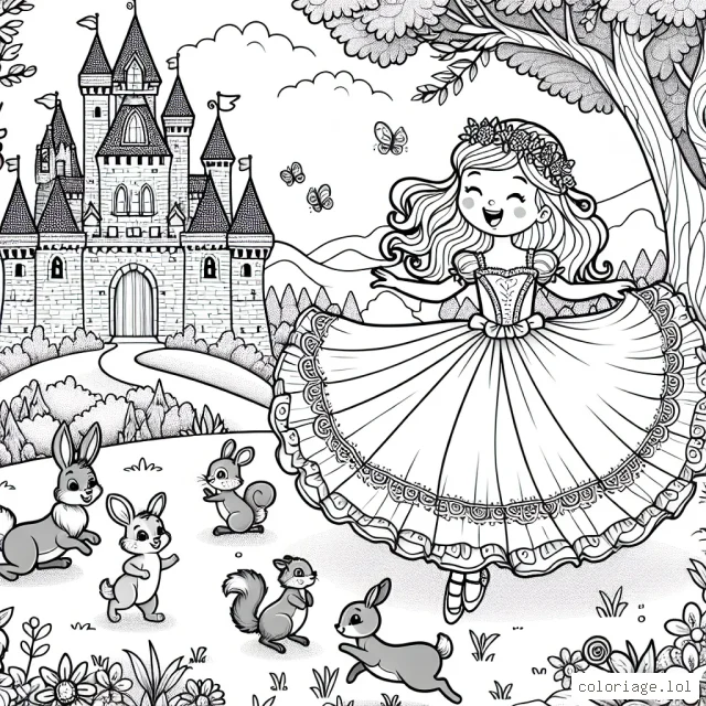 Un paysage fantastique de château enchanté où une petite princesse avec sa robe tourbillonnante danse avec des animaux de la forêt.