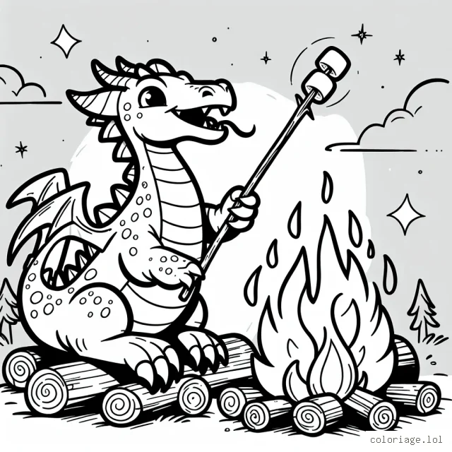 Un dragon qui fait cuire des marshmallows sur un feu de camp