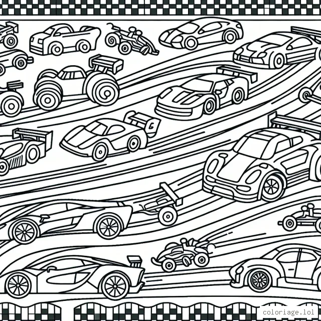 Des voitures de différentes formes et tailles filent sur le grand circuit de course. Y ajouterez-vous des couleurs vives et éclatantes?