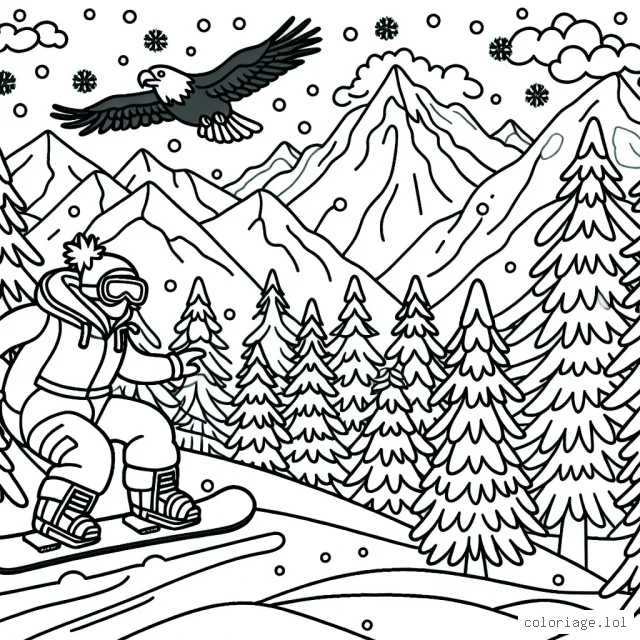 Imagine que tu fais du snowboard extrême sur une montagne enneigée entourée d'arbres épineux en hiver. Il y a un aigle volant haut dans le ciel et des flocons de neige tombent doucement. N'oublie pas de colorier ta tenue de snowboarder avec des couleurs vives pour te démarquer du paysage blanc.