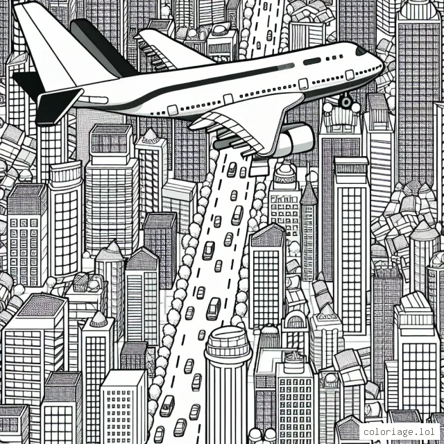 Un avion survolant une ville animée avec de nombreux immeubles