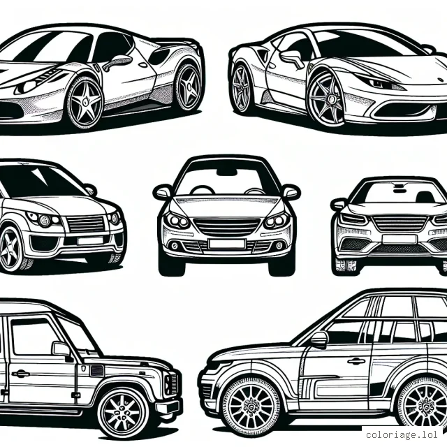 Dessine et colore des voitures de différentes marques comme Ferrari, BMW, Mercedes, Audi, Renault, Peugeot et Range Rover.