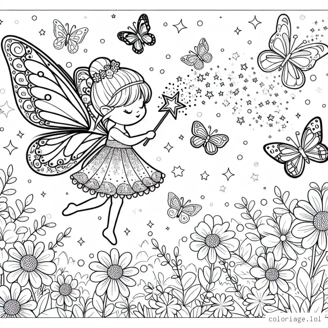Une petite fée avec sa baguette magique flottante avec sa cape étincelante, entourée de beaux papillons multicolores dans un jardin enchanté, illuminant des fleurs sauvages avec sa magie