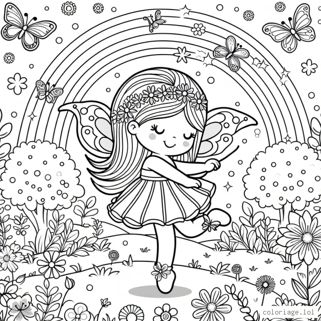 Une petite fée qui danse gracieusement dans un jardin émerveillé, virevoltant parmi les fleurs enchantées et les papillons colorés, sous un arc-en-ciel éblouissant.