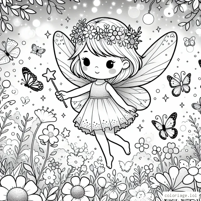 Dans la forêt enchantée des fées, une petite fée vole gracieusement parmi les fleurs de printemps. Autour d'elle, des papillons colorés et des lucioles brillent dans la lumière douce du crépuscule. Elle tient une baguette magique étincelante de paillettes dans sa main.