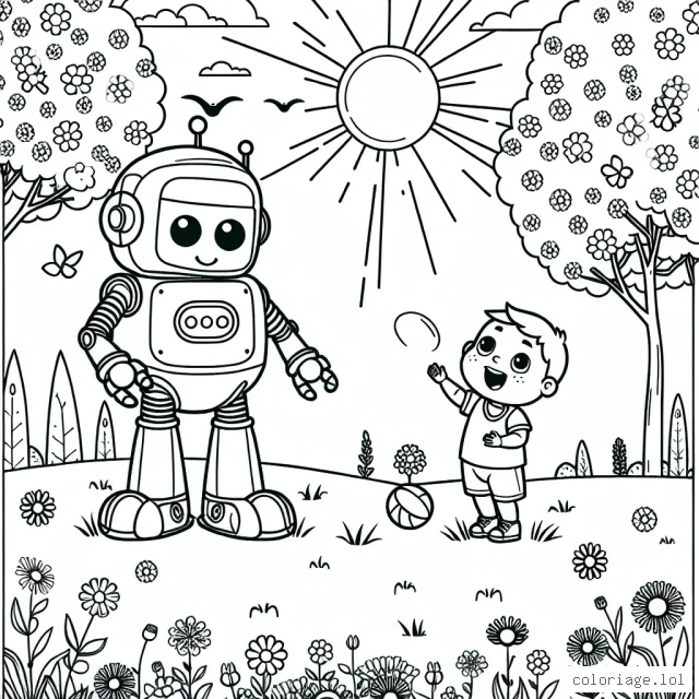 Un gentil robot joue avec son meilleur ami, un petit garçon, dans un parc plein de fleurs et de soleil. Le garçon tient une balle et le robot est prêt à l'attraper. Le soleil brille et des oiseaux volent dans le ciel.