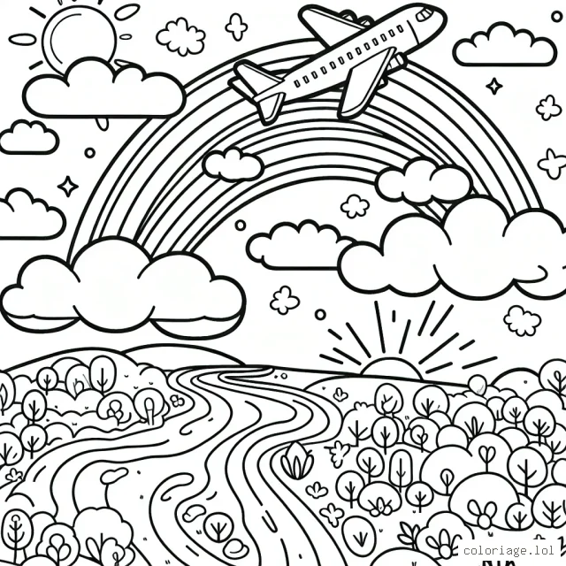 Un avion volant haut dans le ciel, traversant les nuages blancs et dodus, avec un arc-en-ciel vibrant en toile de fond. Une vue aérienne de la terre en dessous, parsemée de collines, de rivières et de forêts luxuriantes.